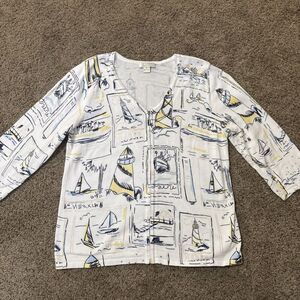 Christopher & Banks Nantucket Lighthouse Print Zip Sweater Cardigan Jacket M Lux